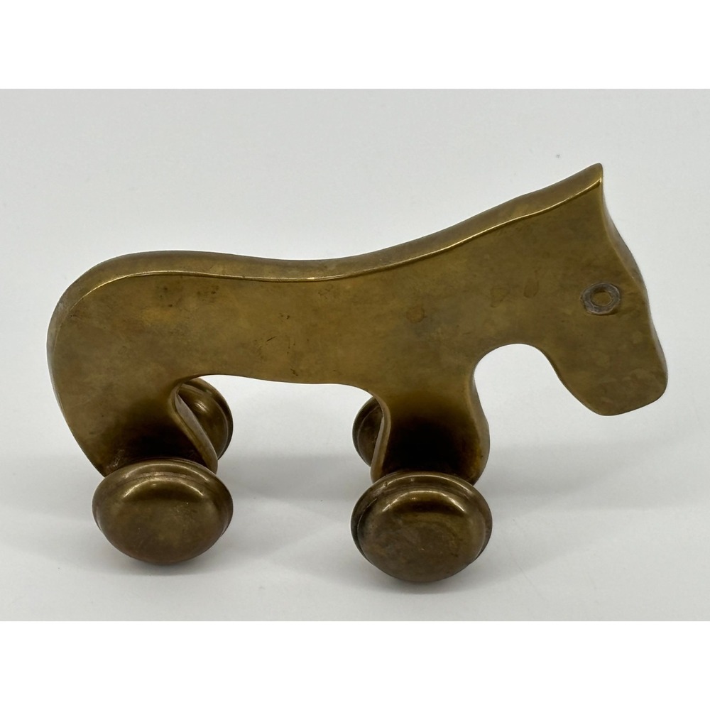 Horse Figurine Handheld On 4-Wheel Desk Ornament Solid Brass Vintage Rolling Toy